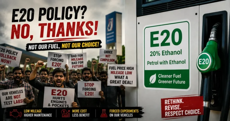E20 ethanol-blended petrol dispenser at Indian fuel station - people protesting these policies